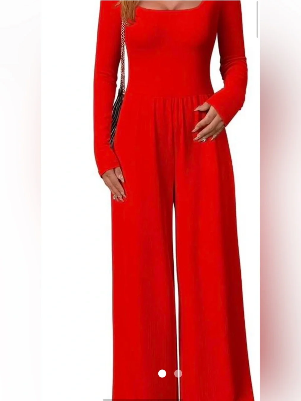 OQQ small red long sleeve wide leg jumpsuit.